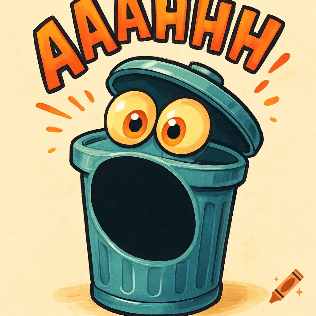 Cartoon teal trash can with wide-open, surprised eyes and an open mouth, yelling 'AAAHHH'.