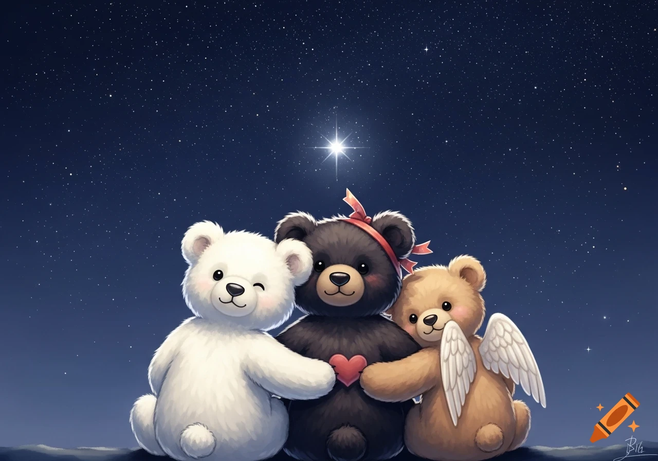 Three cute teddy bears, one white, one dark brown, and one with wings, cuddle under a starry night sky with a bright star.