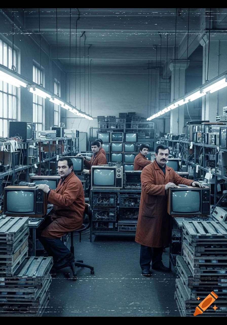 A retro-styled image of men in red lab coats working on old television sets in a dimly lit factory, with a VHS effect.