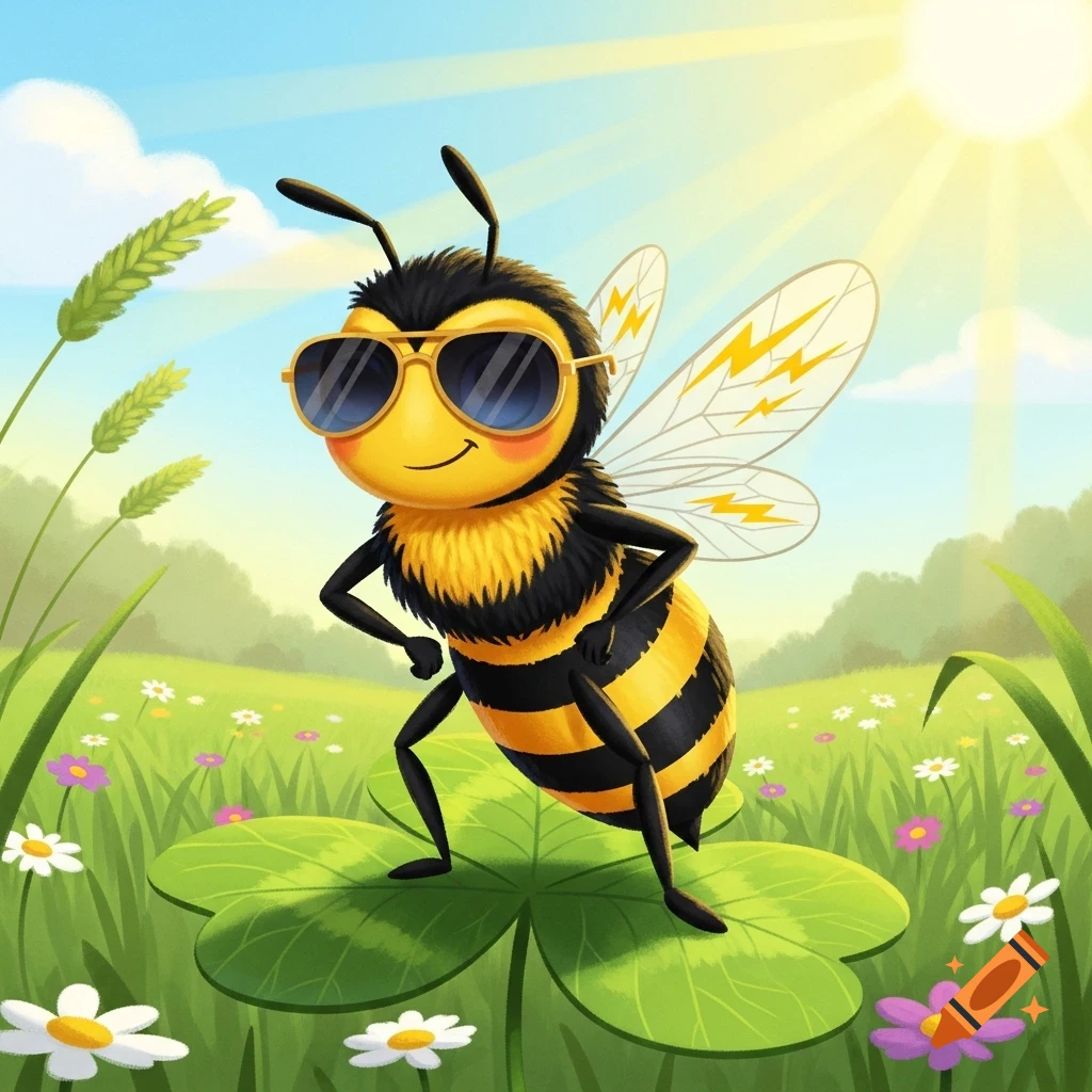 A cool cartoon bee wearing sunglasses stands on a clover in a sunny field with flowers, depicted in a children's book illustration style.