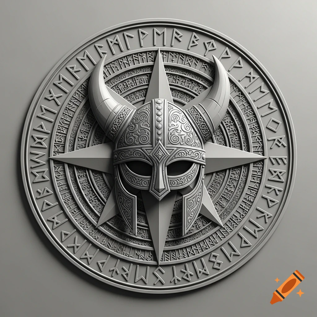 3D relief of a horned Viking helmet at the center of a circular runic compass in grayscale.