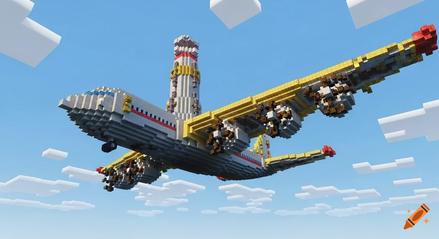 A large airplane made of pixelated blocks, reminiscent of Minecraft, flies through a blue sky with blocky white clouds.
