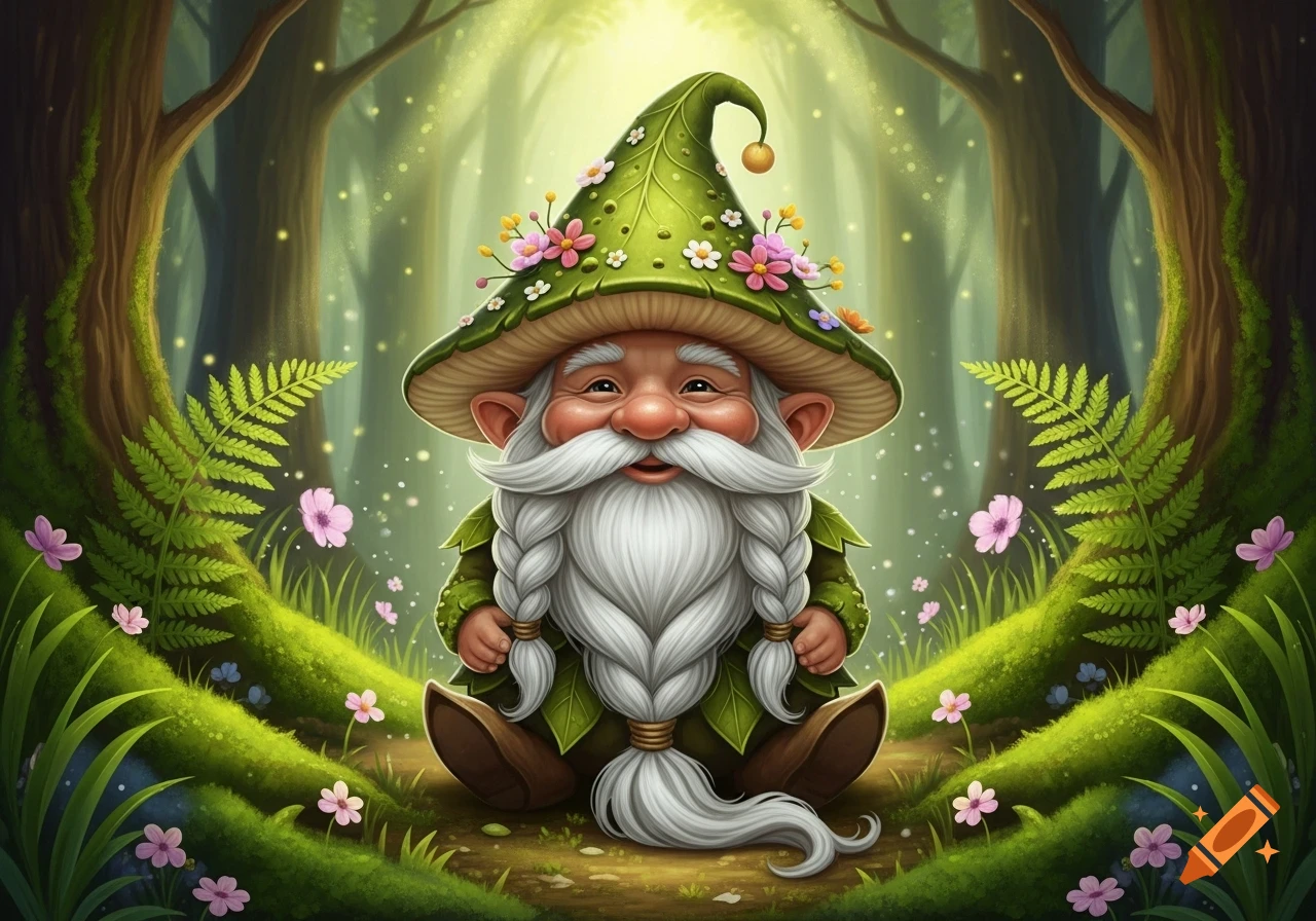 A friendly, bearded gnome wearing a green, flower-decorated mushroom hat sits in a whimsical, glowing forest.