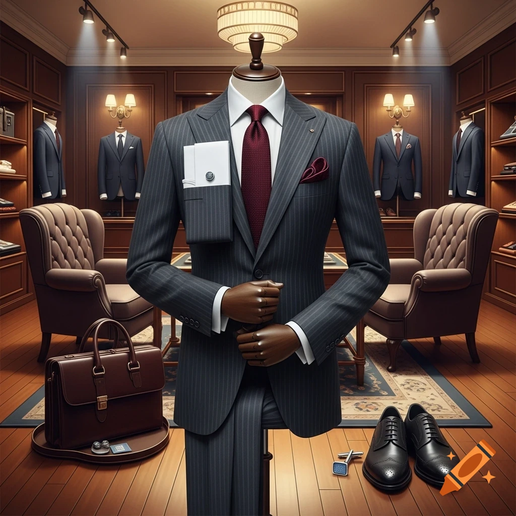 A formal grey pinstripe suit on a mannequin in a luxurious tailor shop, surrounded by armchairs, more suits, and dress shoes.