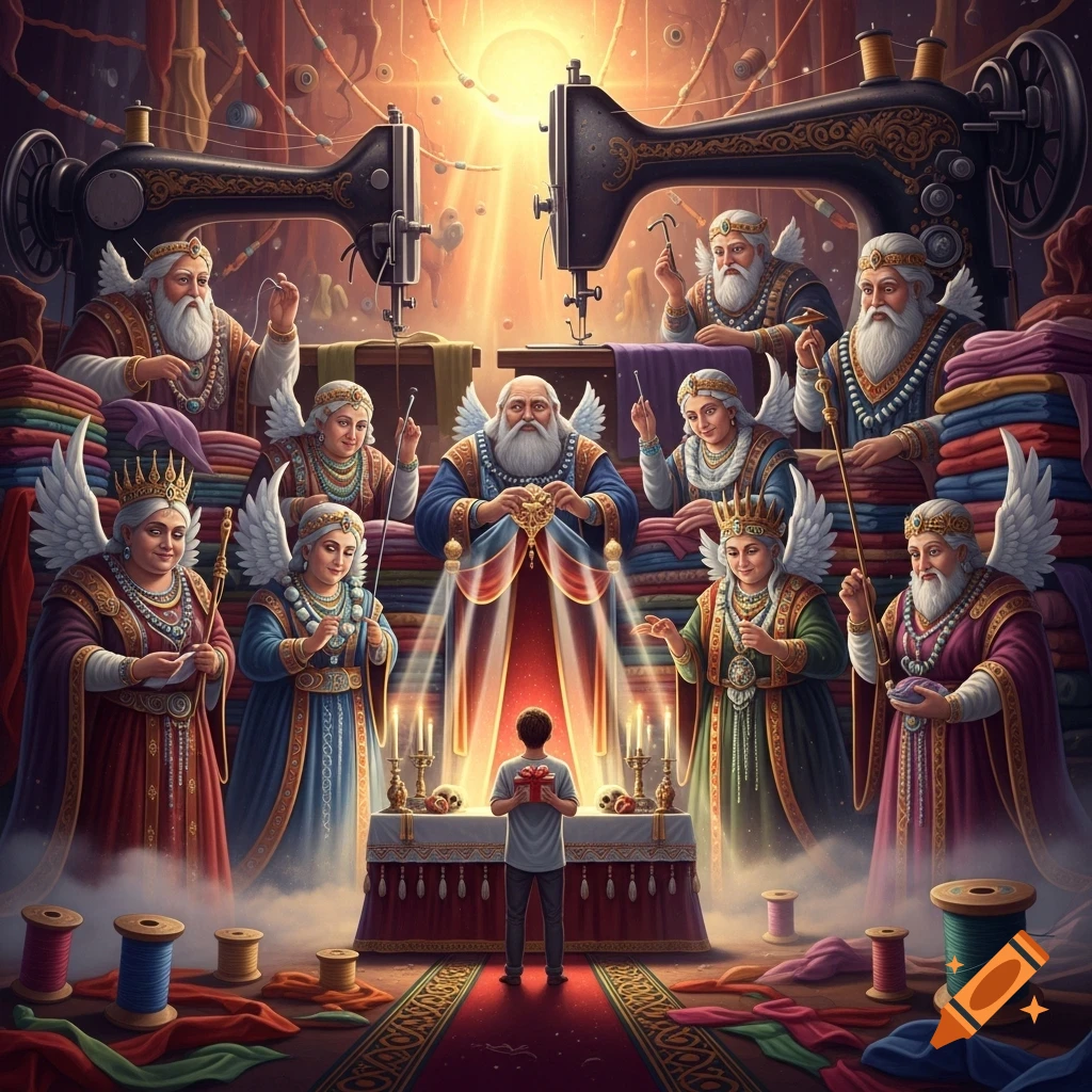 Vibrant illustration of angelic sewing gods and goddesses receiving a gift from a young person in a lavish workshop.