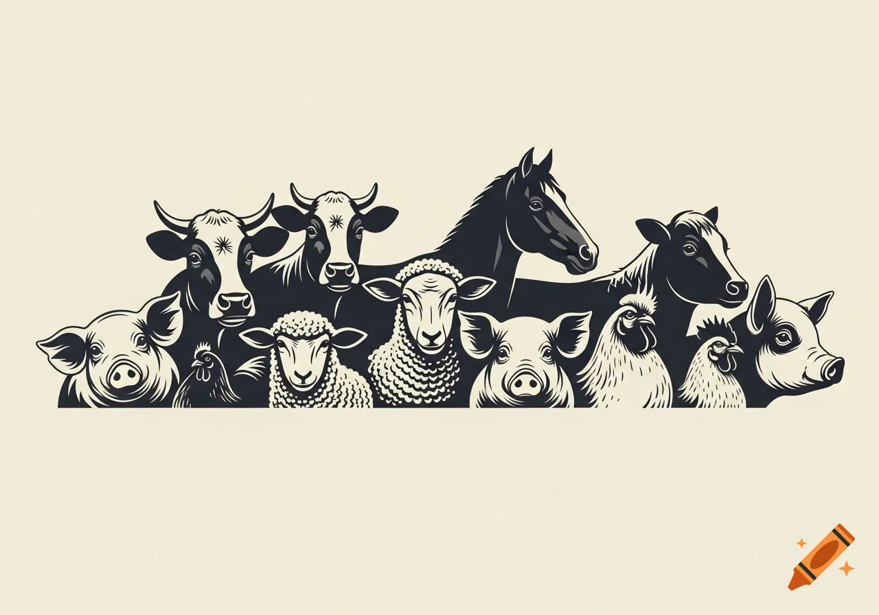 Black vector illustration of various farm animal heads, including cows, pigs, sheep, a horse, and chickens, on a light background.