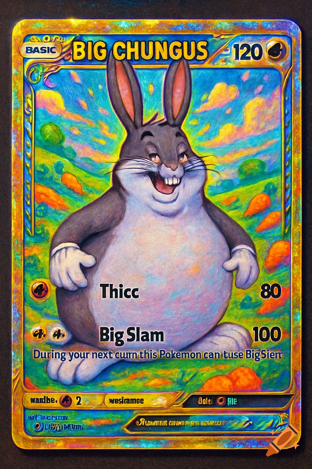 A colorful Pokemon-style trading card featuring Big Chungus, with a rainbow-hued background and several text fields, some of which are garbled.