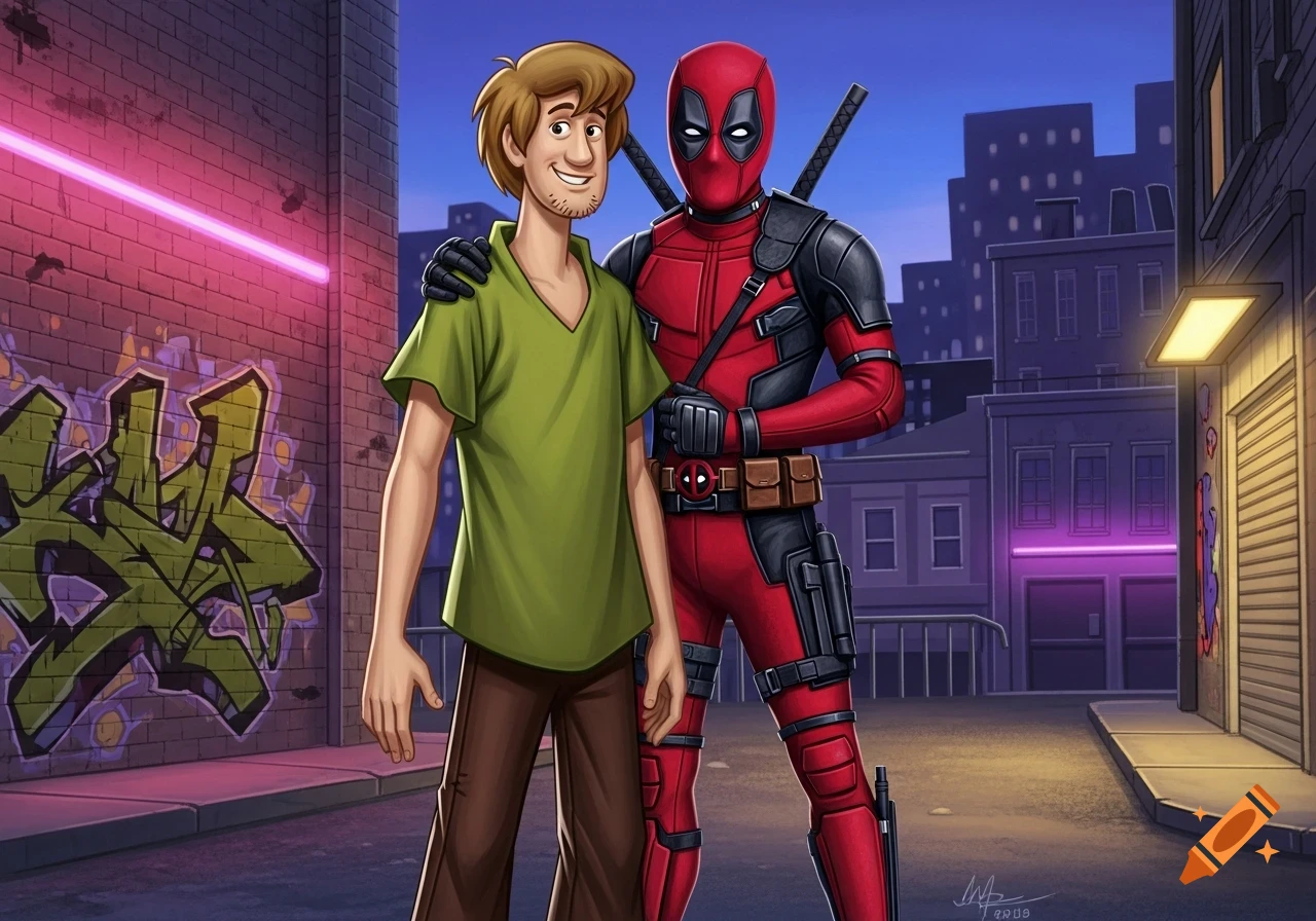 Shaggy and Deadpool stand side-by-side in a dark, graffiti-covered alley, under purple neon lights, in a cartoon style.