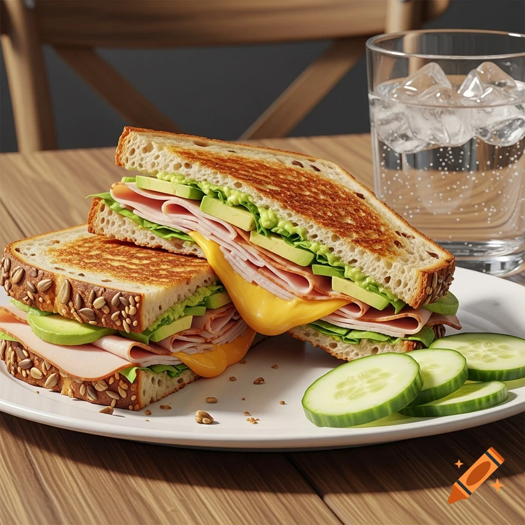 Grilled multigrain sandwich with turkey, avocado, and melted cheese, with cucumber slices and a glass of water.
