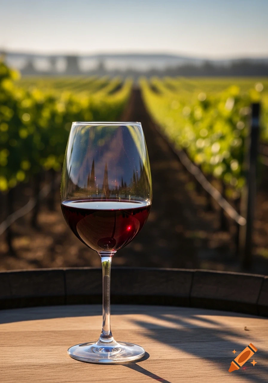 A glass of red wine sits on a wooden barrel with a sunny vineyard stretching into the background, photorealistic.
