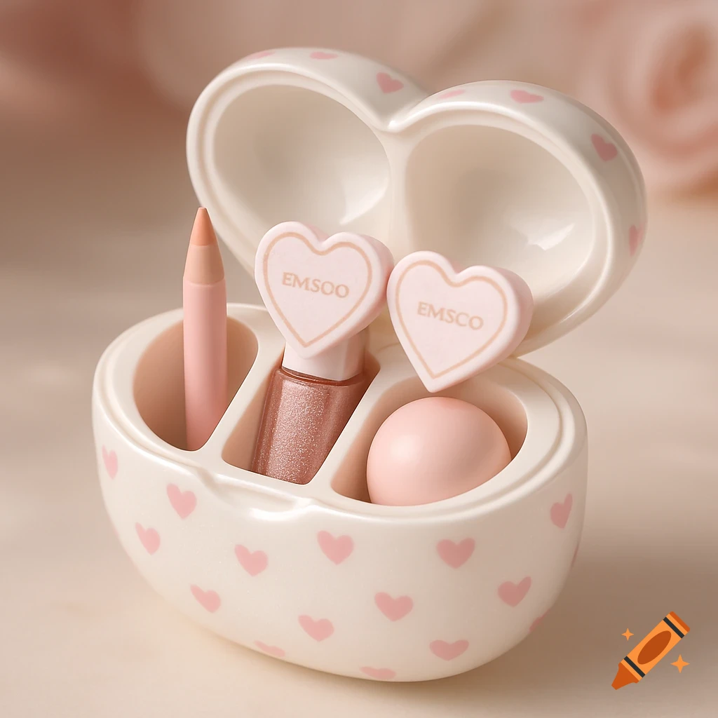 A white heart-shaped container with pink hearts, holding a pink lip liner, glitter lip gloss, and a pink lip balm.