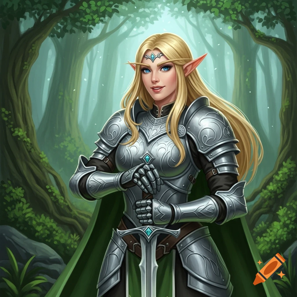 A smiling blonde female elf in silver armor holding a sword, standing in a magical forest, digital fantasy art.