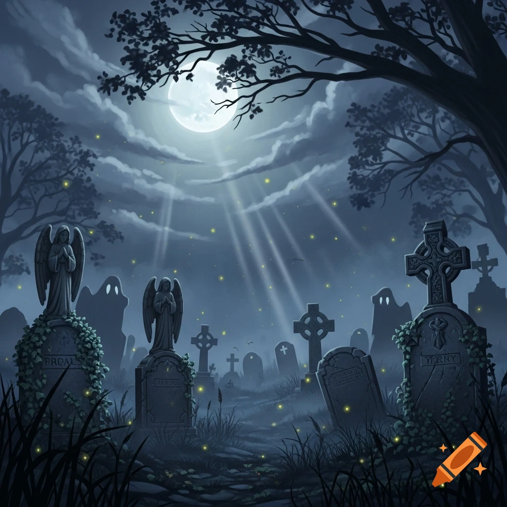 A moody graveyard at night with angel statues, Celtic cross tombstones, and ghostly figures under a full moon with glowing fireflies.