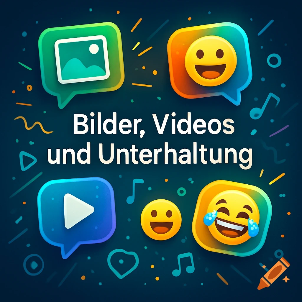 Digital illustration with media icons and emojis surrounding the German text 'Bilder, Videos und Unterhaltung' on a dark blue background.