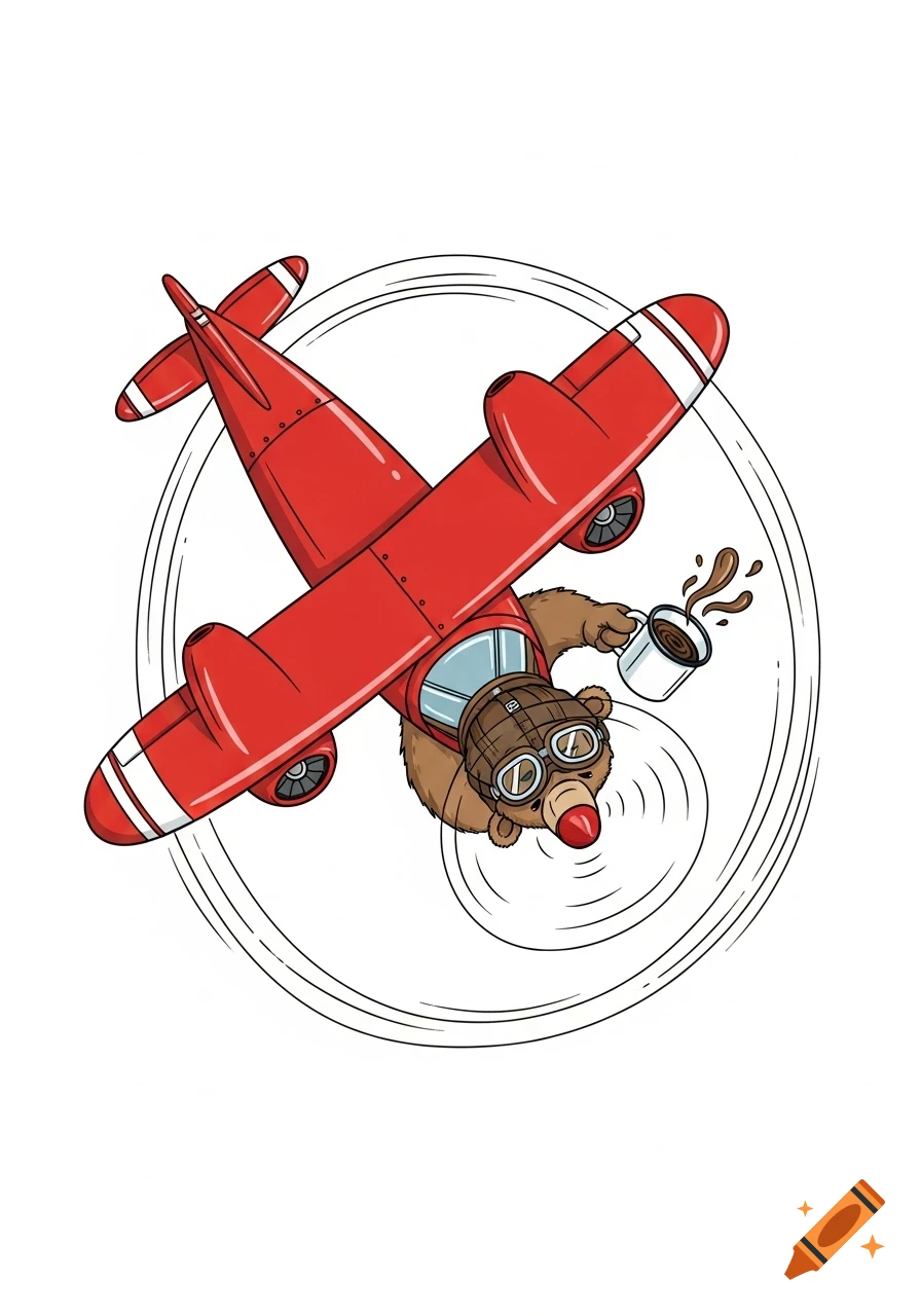 A cartoon bear in a red biplane flies upside down, spilling coffee from a white mug, on a white background.
