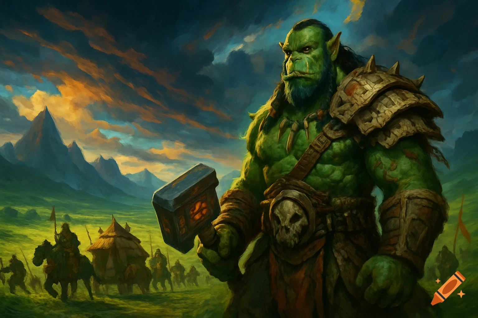 A muscular green orc warrior with a glowing hammer stands in a fantasy landscape with mountains and other orcs in the background, digital painting style.