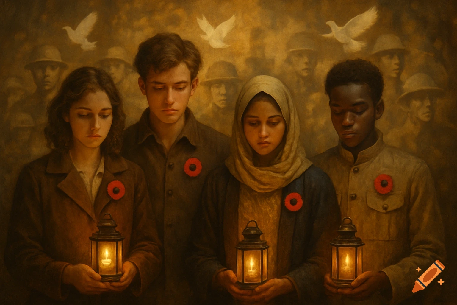 Four diverse young people in poppies hold glowing lanterns, with ghostly soldiers and white doves in a sepia background.