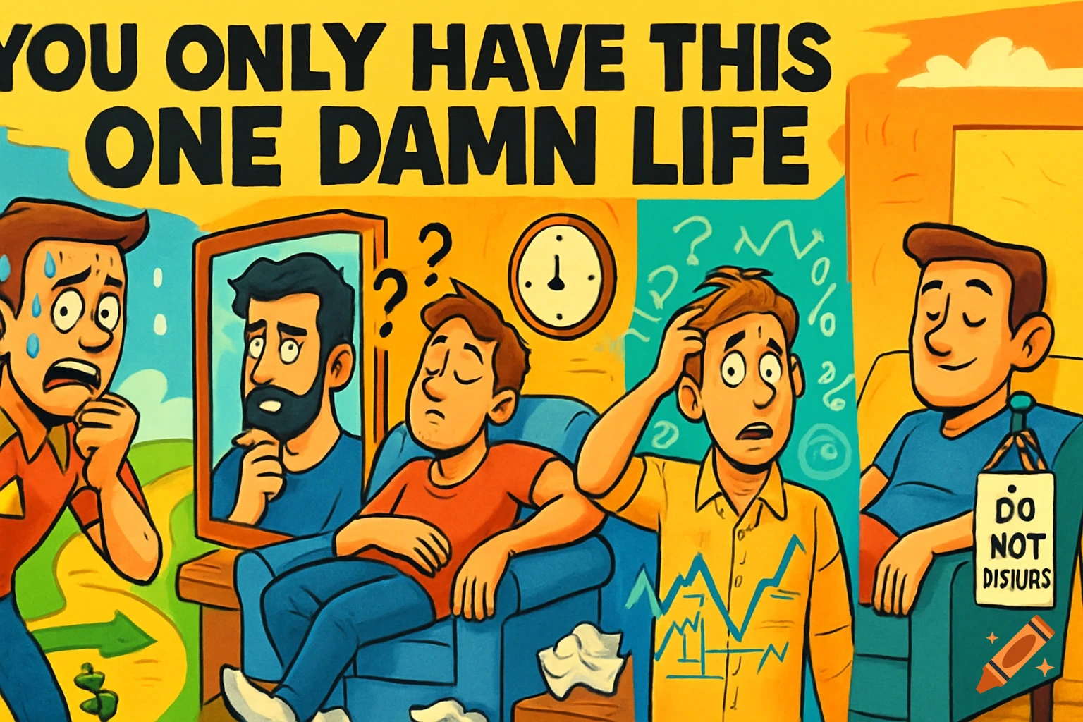 Cartoon illustration with "YOU ONLY HAVE THIS ONE DAMN LIFE" text, depicting five men struggling with life issues: fear, self-doubt, procrastination, financial confusion, and comfort.