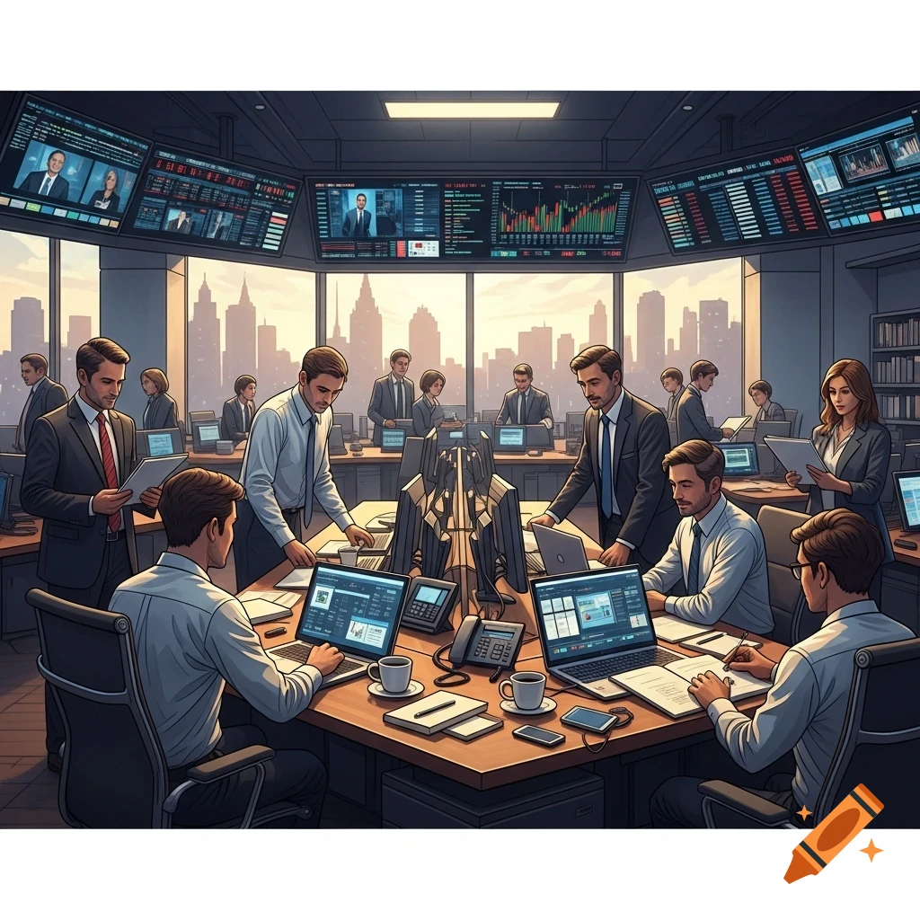 Illustrative image of business professionals in a modern office, surrounded by screens displaying financial data, with a city view.