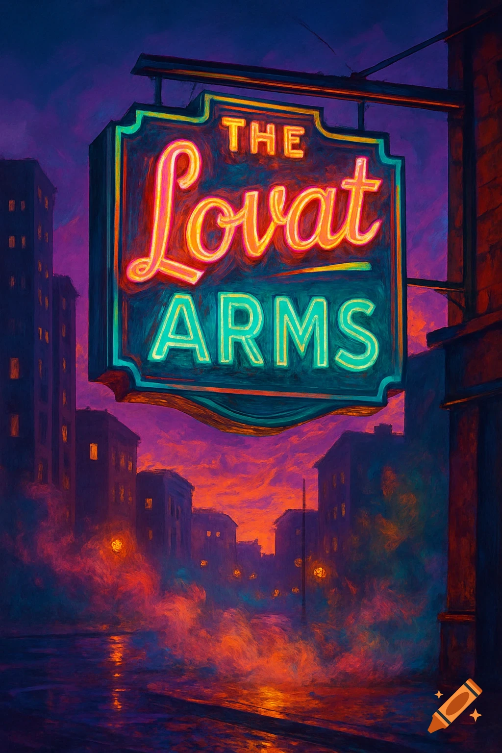 Vibrant neon sign for 'The Lovat Arms' illuminates a misty street in a stylized, painterly cityscape at twilight.