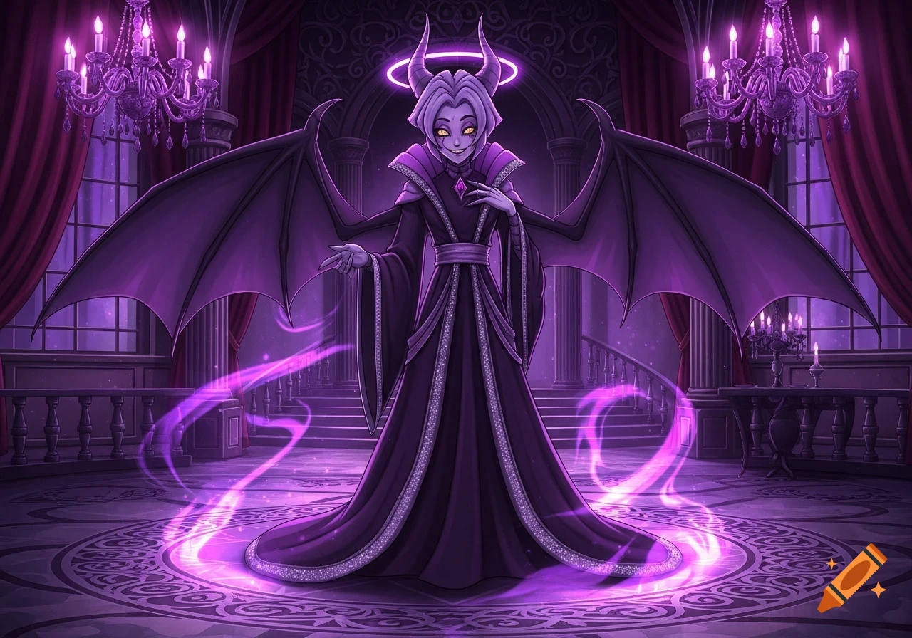 Anime-style demon in a purple dress with bat wings, horns, and a glowing halo stands in a gothic hall with purple magic.