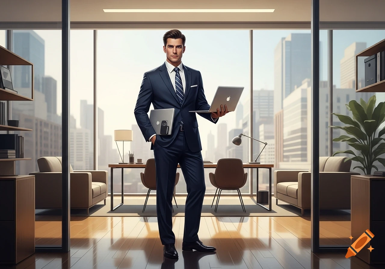 A professional man in a navy suit stands in a modern office with cityscape view, holding two silver laptops.