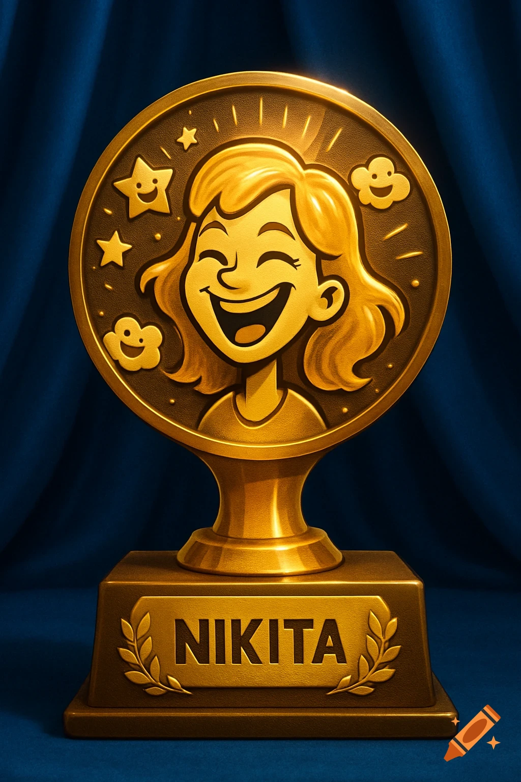 A golden award featuring a smiling cartoon girl's face with stars and clouds, and the name "NIKITA" on its base, against a blue background.