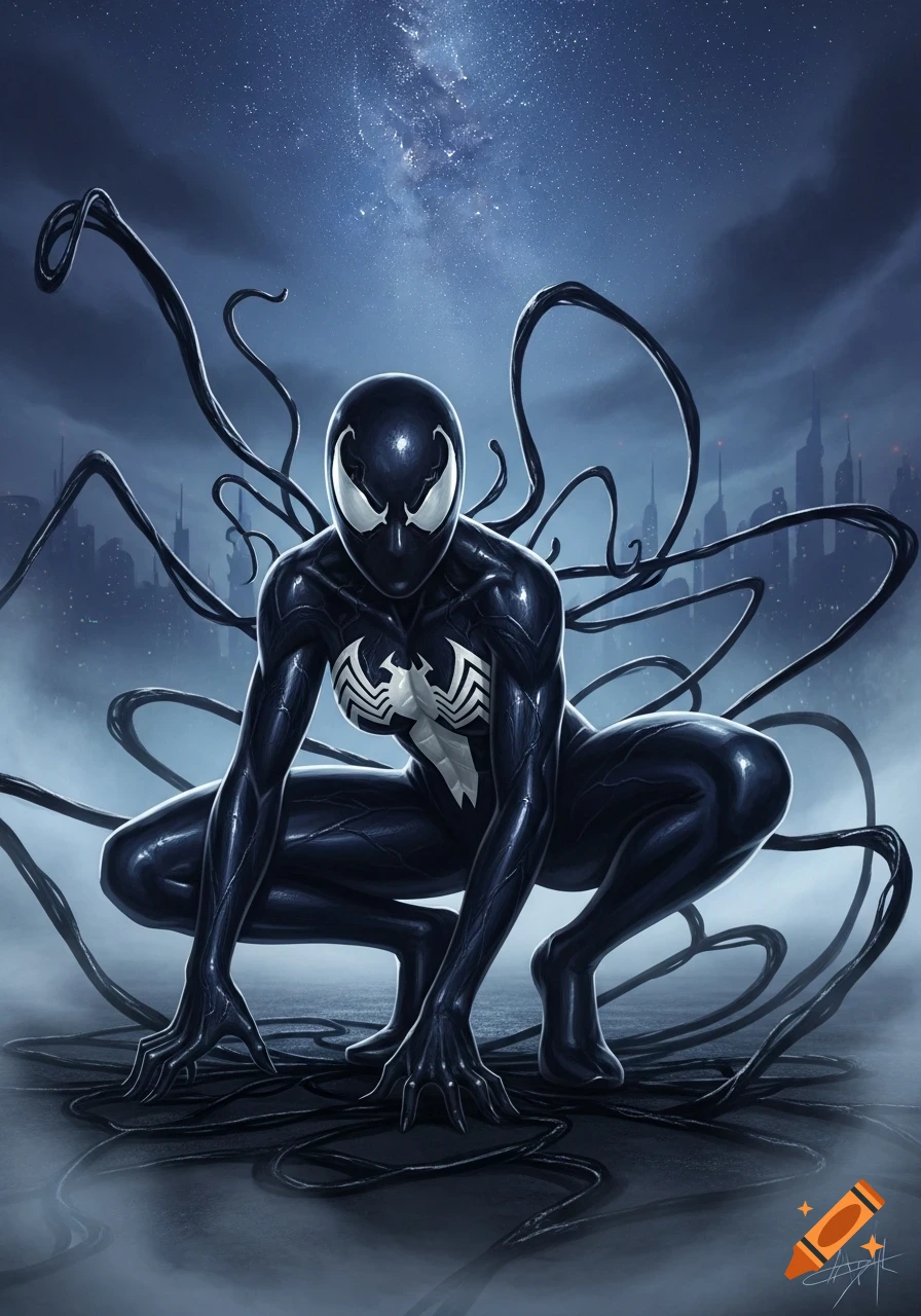 A crouching female symbiote in a black suit with a white spider emblem, against a starry night city skyline. Comic book art.