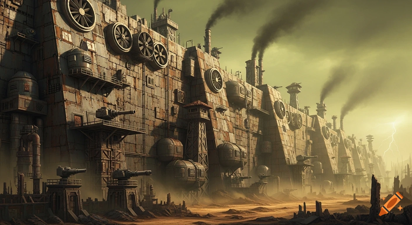 A colossal, scarred Necromunda hive wall with fans, smoke stacks, and gun emplacements rises from ash wastes under a stormy, polluted sky.