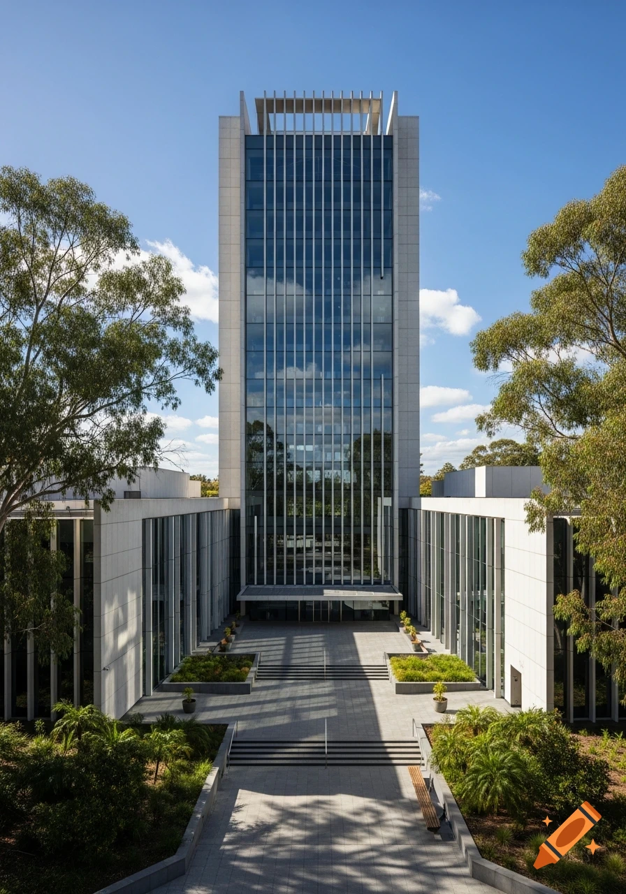 A tall, modern, glass and concrete building with an outdoor plaza and trees, under a blue sky.