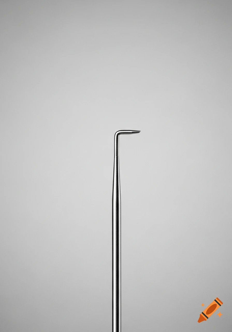 Close-up macro of a slender metal tool with a tiny L-shaped bend at its tip, against a neutral background.