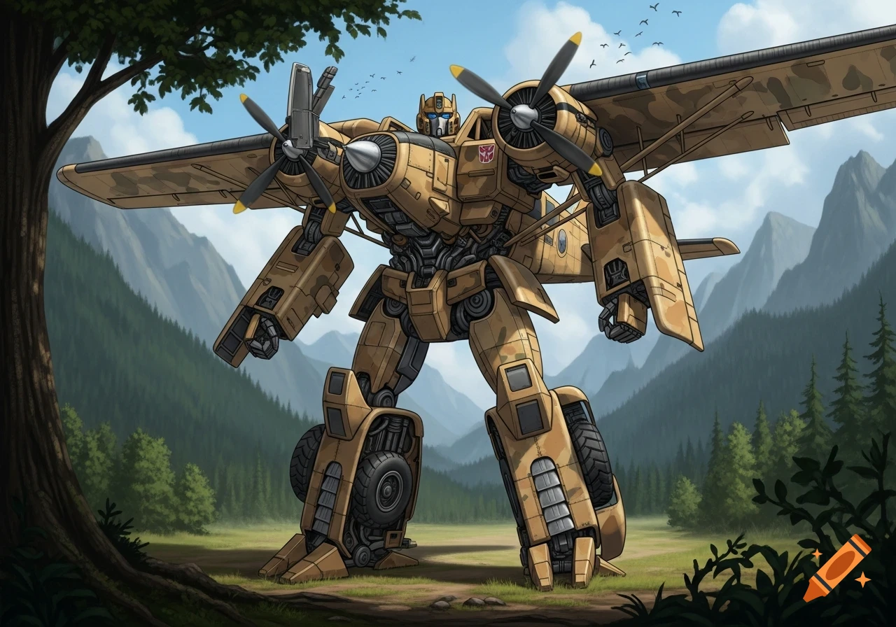 A beige and brown camouflage Transformer robot, with plane propellers and wings on its back and shoulders, stands in a forest clearing with mountains in the background. The robot features wheels in its legs and an Autobot symbol on its chest.