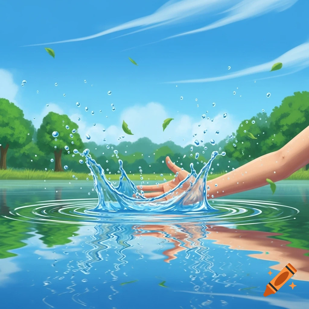 A stylized illustration of a hand splashing water in a lake, creating ripples and flying droplets. Green trees line the background under a blue sky.