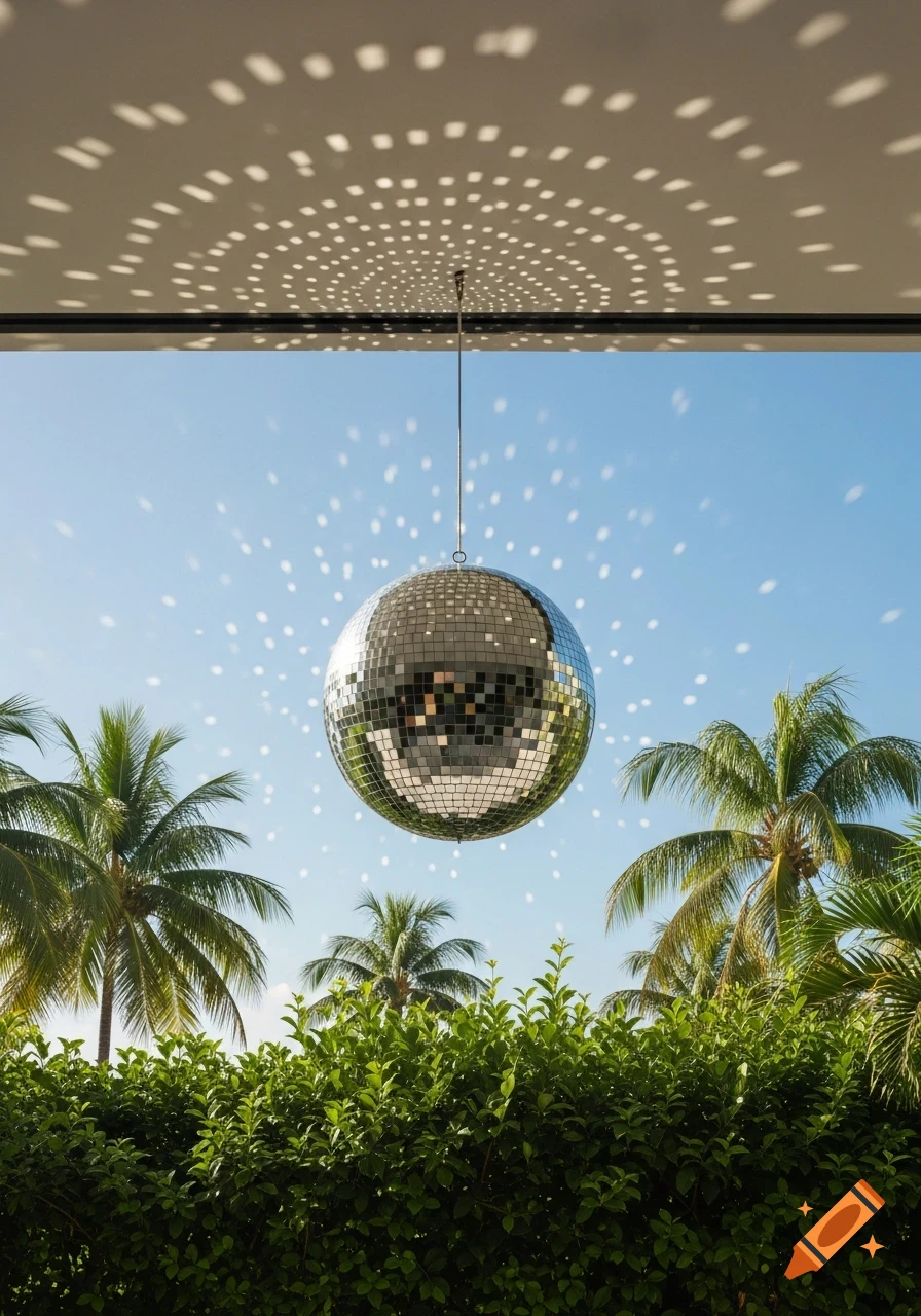A large disco ball hangs from a modern roof against a clear blue sky, surrounded by tropical palm trees and foliage, casting light reflections.