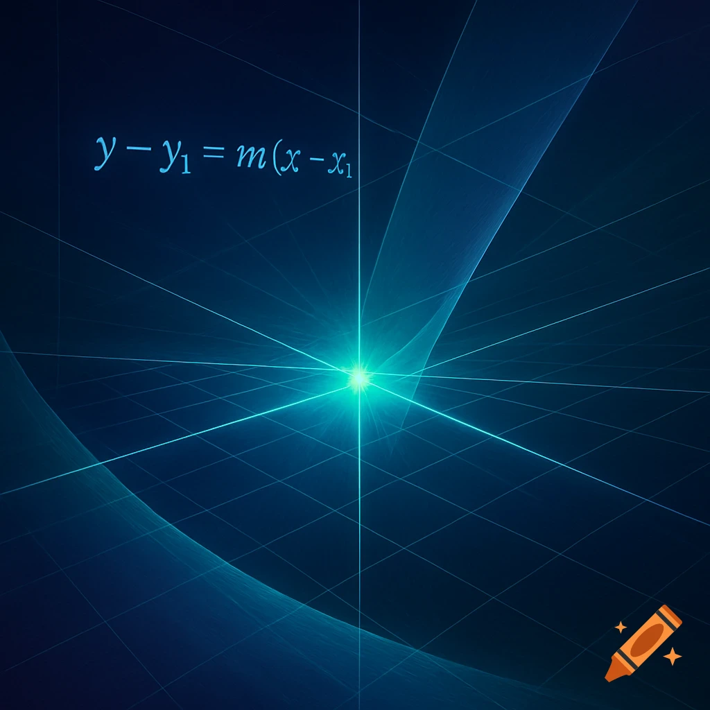 The point-slope equation 'y - y₁ = m(x - x₁)' glows against an abstract blue grid background.