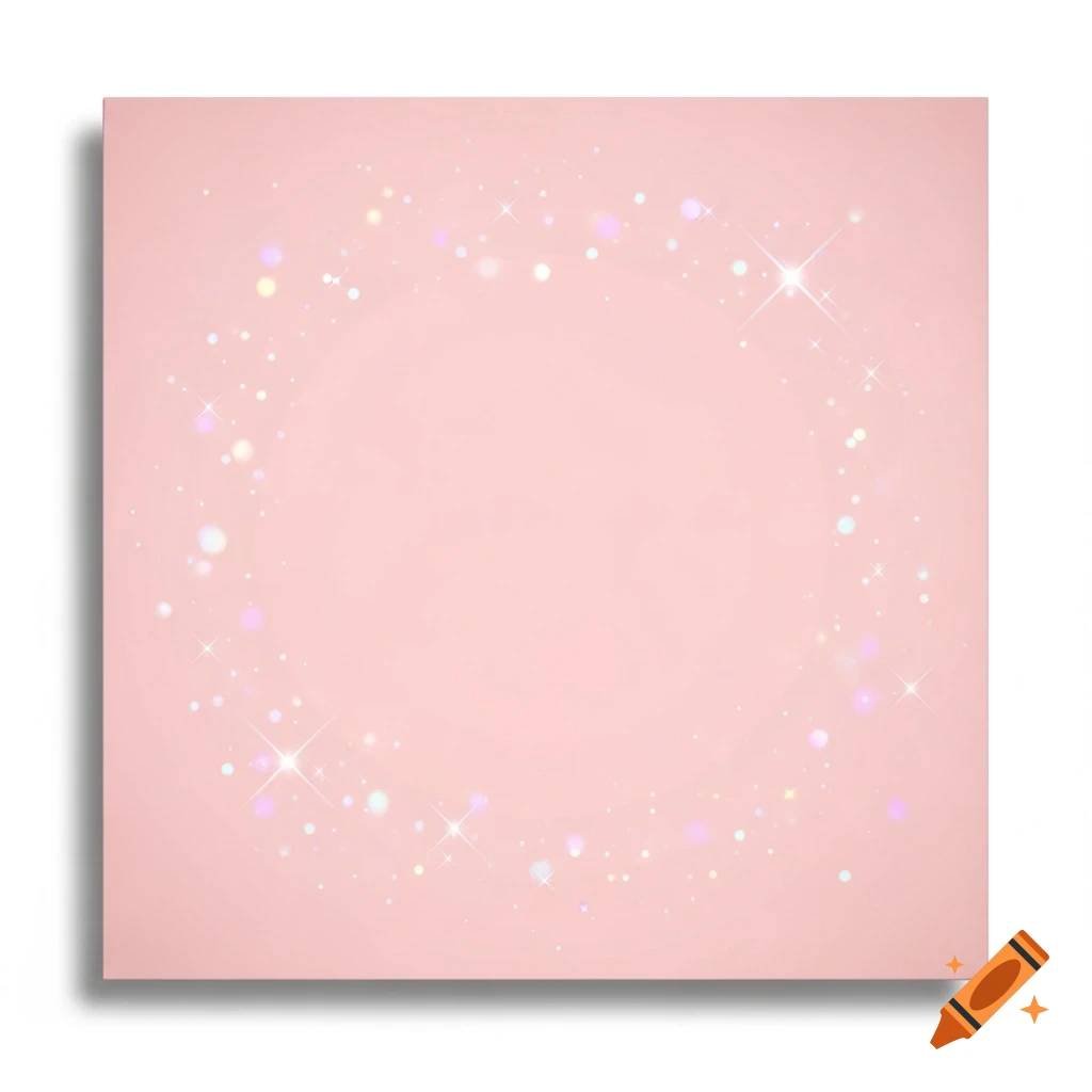 A square pastel pink background with a circular arrangement of soft glowing, iridescent sparkles.