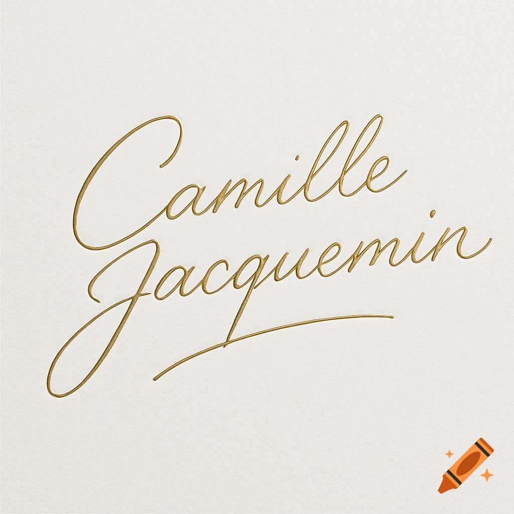 Golden embossed cursive signature 'Camille Jacquemin' on a cream background.
