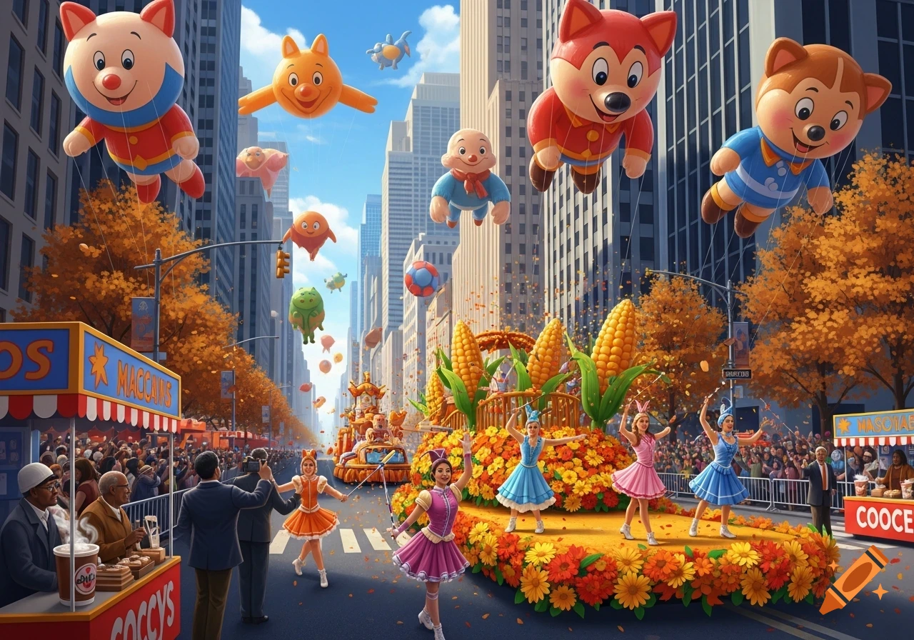 A vibrant Thanksgiving parade in a city street, featuring large animal-shaped balloons, a float with dancers and corn, and spectators lining the route. The scene is filled with autumn trees and falling confetti.