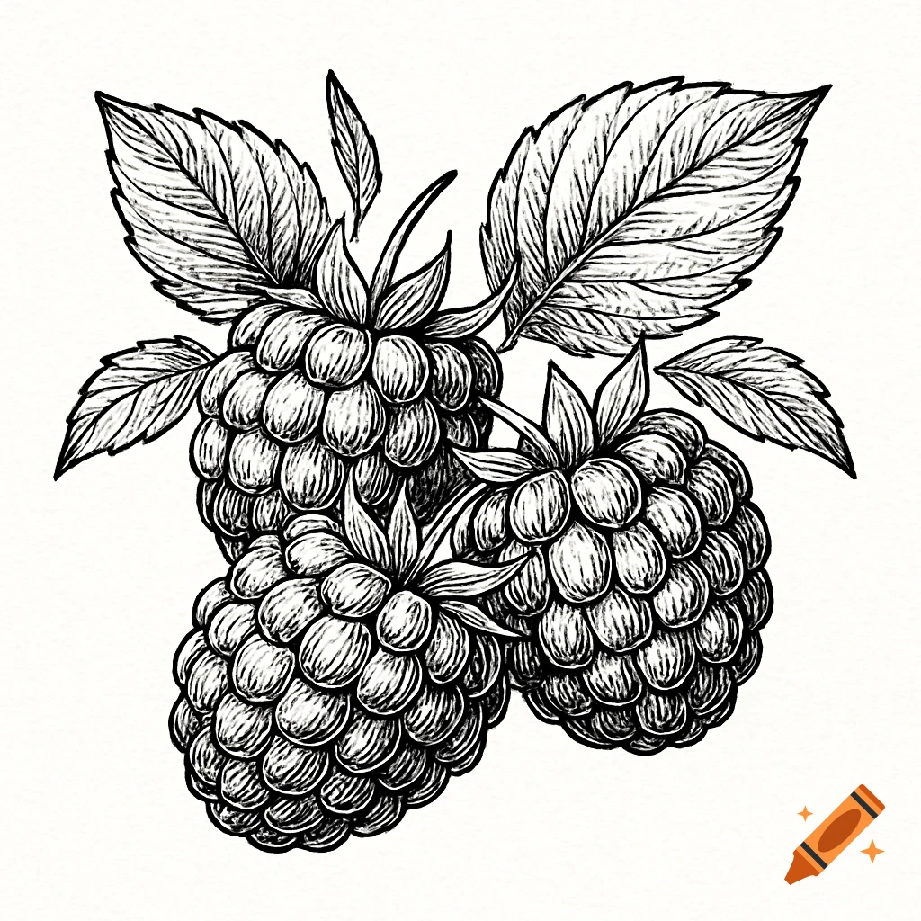 Black and white line art illustration of three raspberries with leaves.