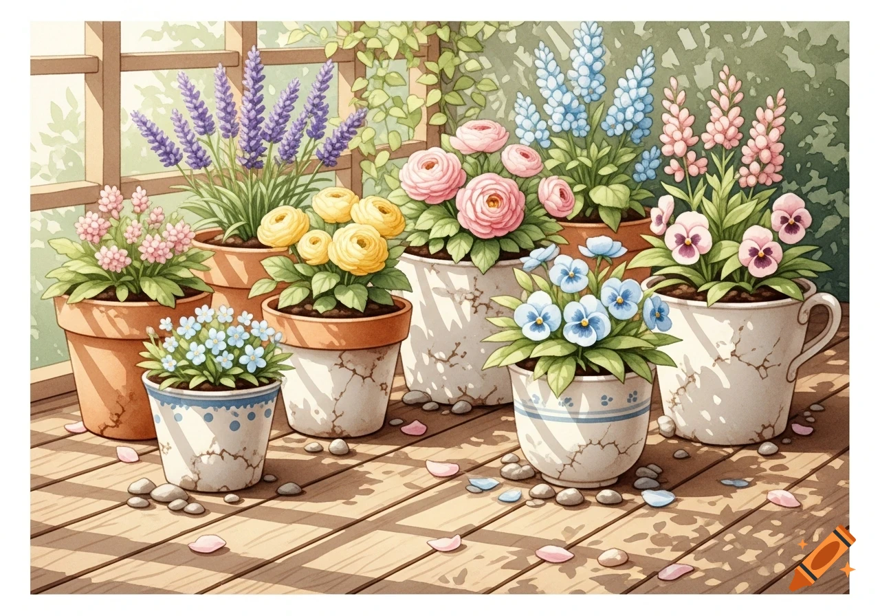 Cozy watercolor painting of various potted flowers on a wooden floor bathed in sunlight.