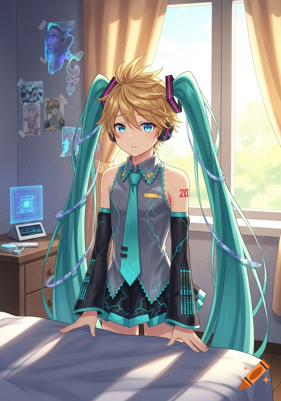 An anime boy with blond hair and blue eyes, wearing a Hatsune Miku costume, stands in a brightly lit room next to a bed.