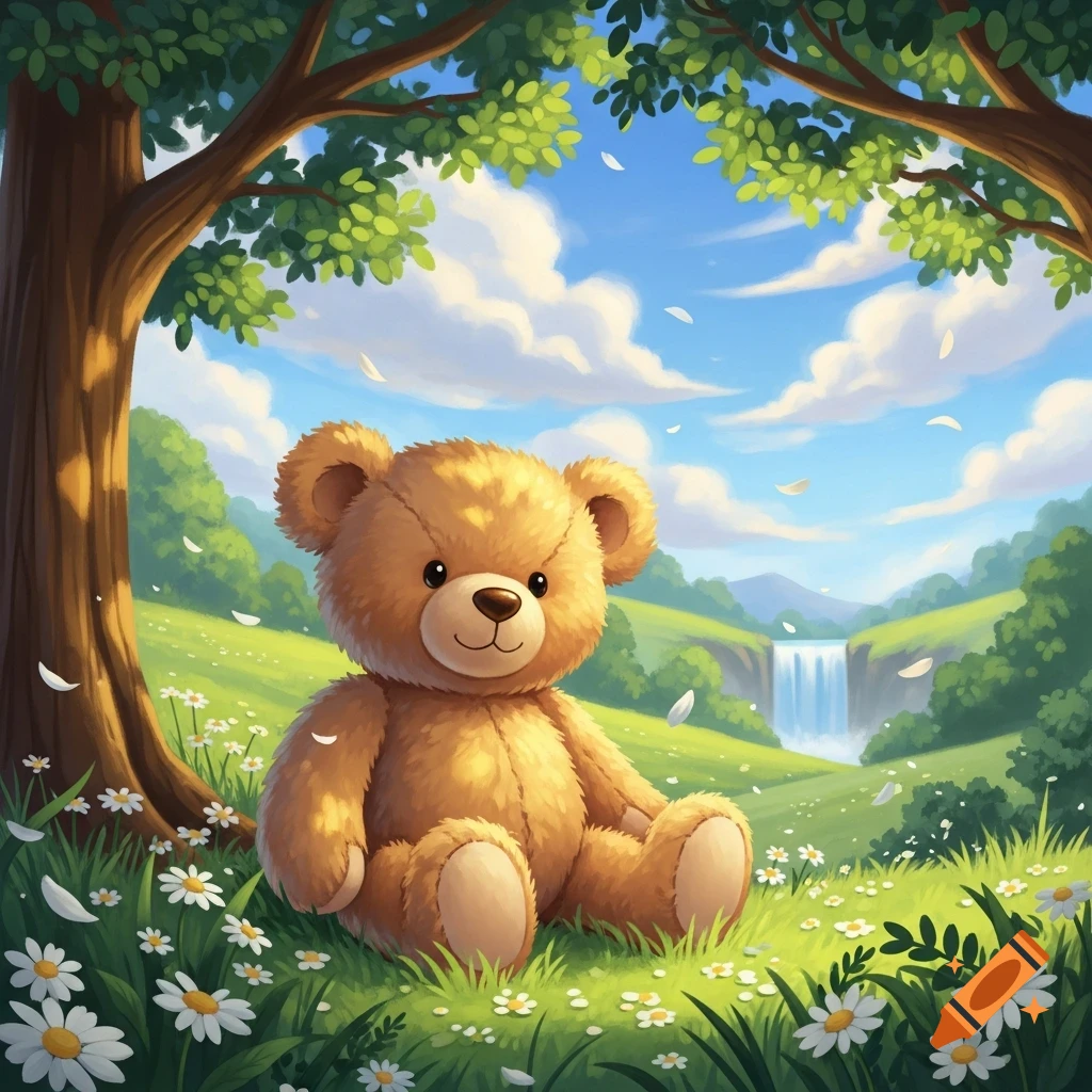 A cute brown teddy bear sits in a green meadow with white flowers under a large tree, a waterfall in the background, illustrated.