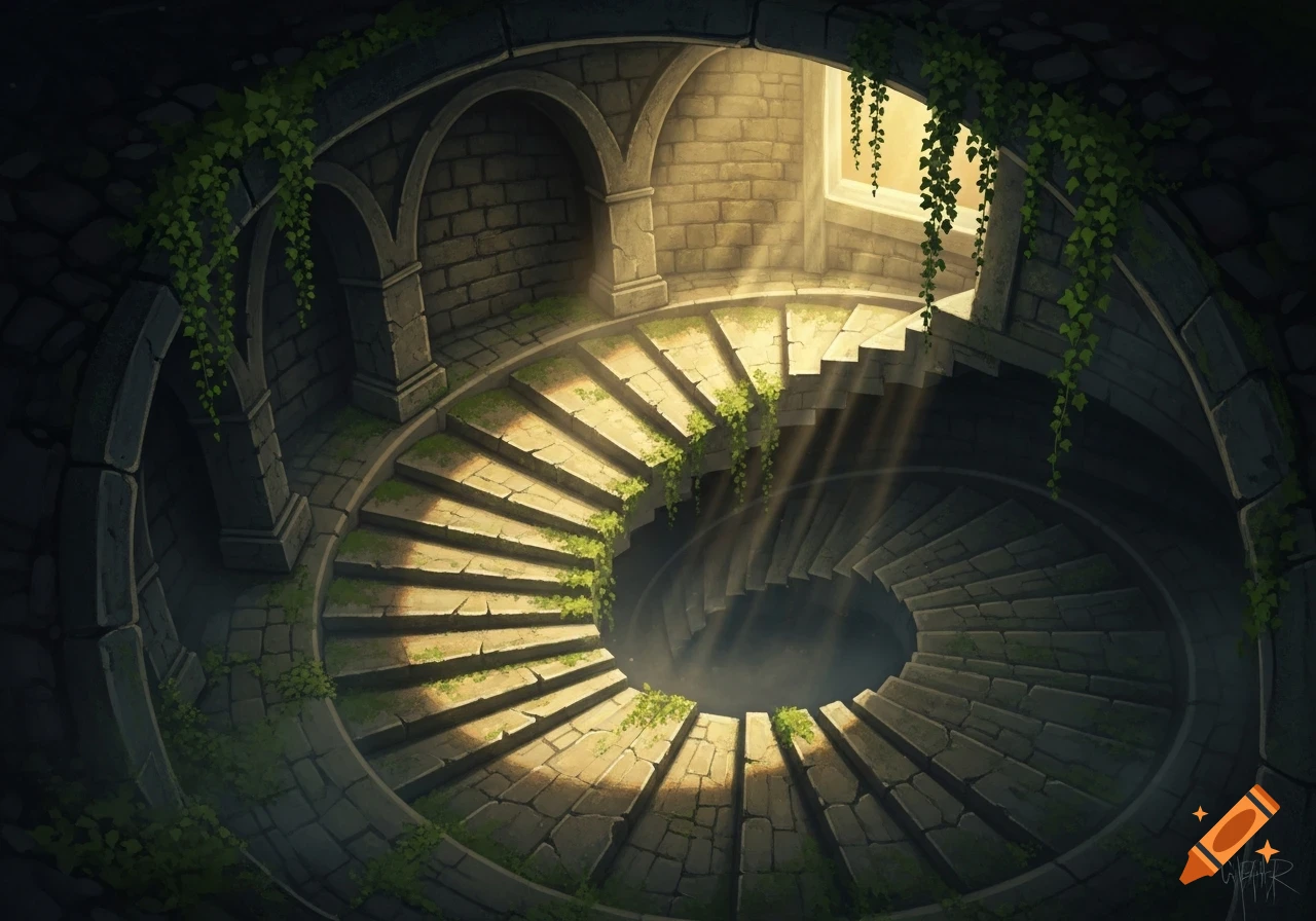 A winding stone spiral staircase covered in ivy, with sunlight streaming through a high window, leading down into darkness.