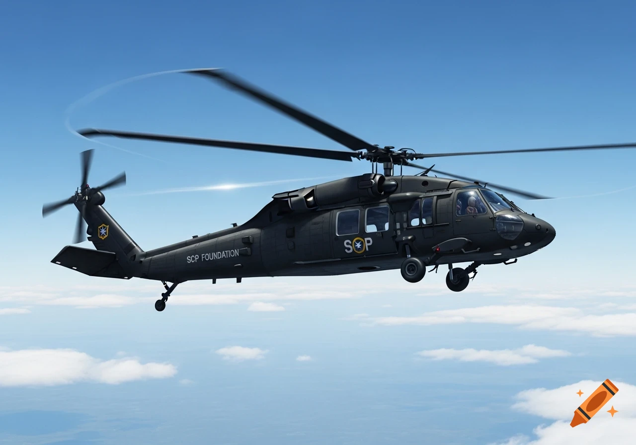 A dark grey UH-60 Black Hawk helicopter with "SCP FOUNDATION" text flies under a clear blue sky, above white clouds.