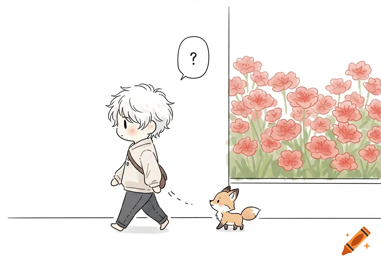 A white-haired boy with a question mark over his head walks, followed by a small fox, past a wall of red flowers in a flat, sketchy doodle style.