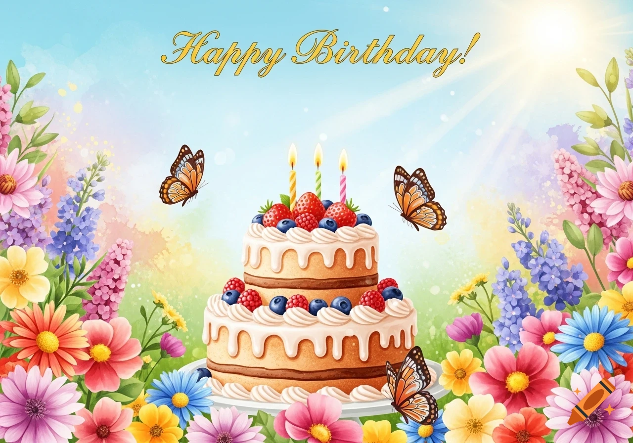 A colorful illustration of a two-tier birthday cake with berries and candles, surrounded by vibrant flowers and butterflies, under "Happy Birthday!"