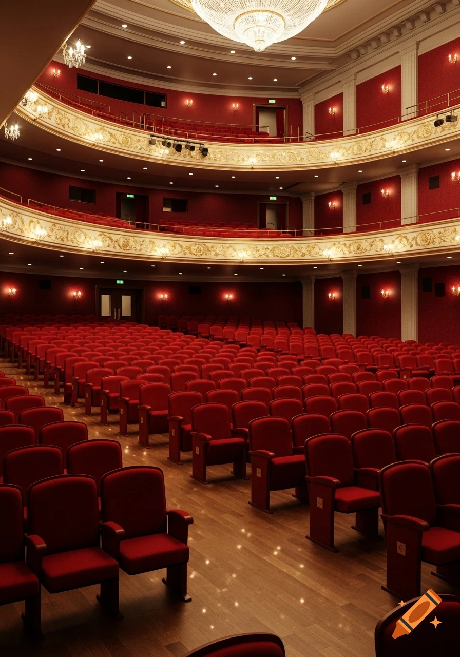 Empty grand theater hall with multiple tiers of red velvet seats, ornate gold railings, and a large chandelier.