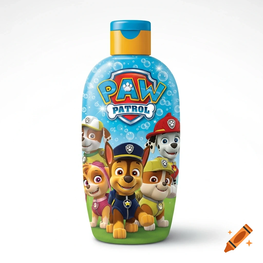 A blue Paw Patrol shampoo bottle features cartoon dogs Chase, Skye, Marshall, Rocky, and Rubble on the label, against a white background.
