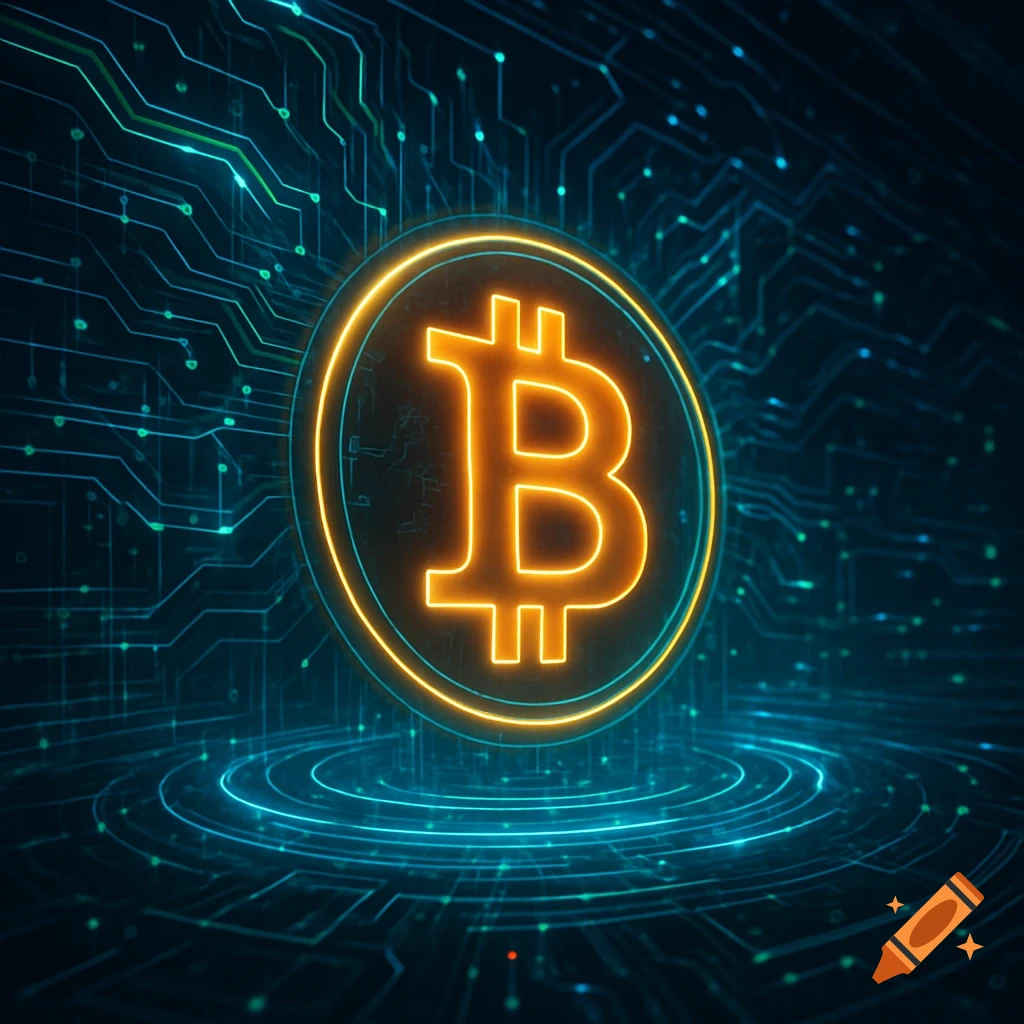 Glowing orange Bitcoin logo on a dark, futuristic circuit board background with blue light trails.