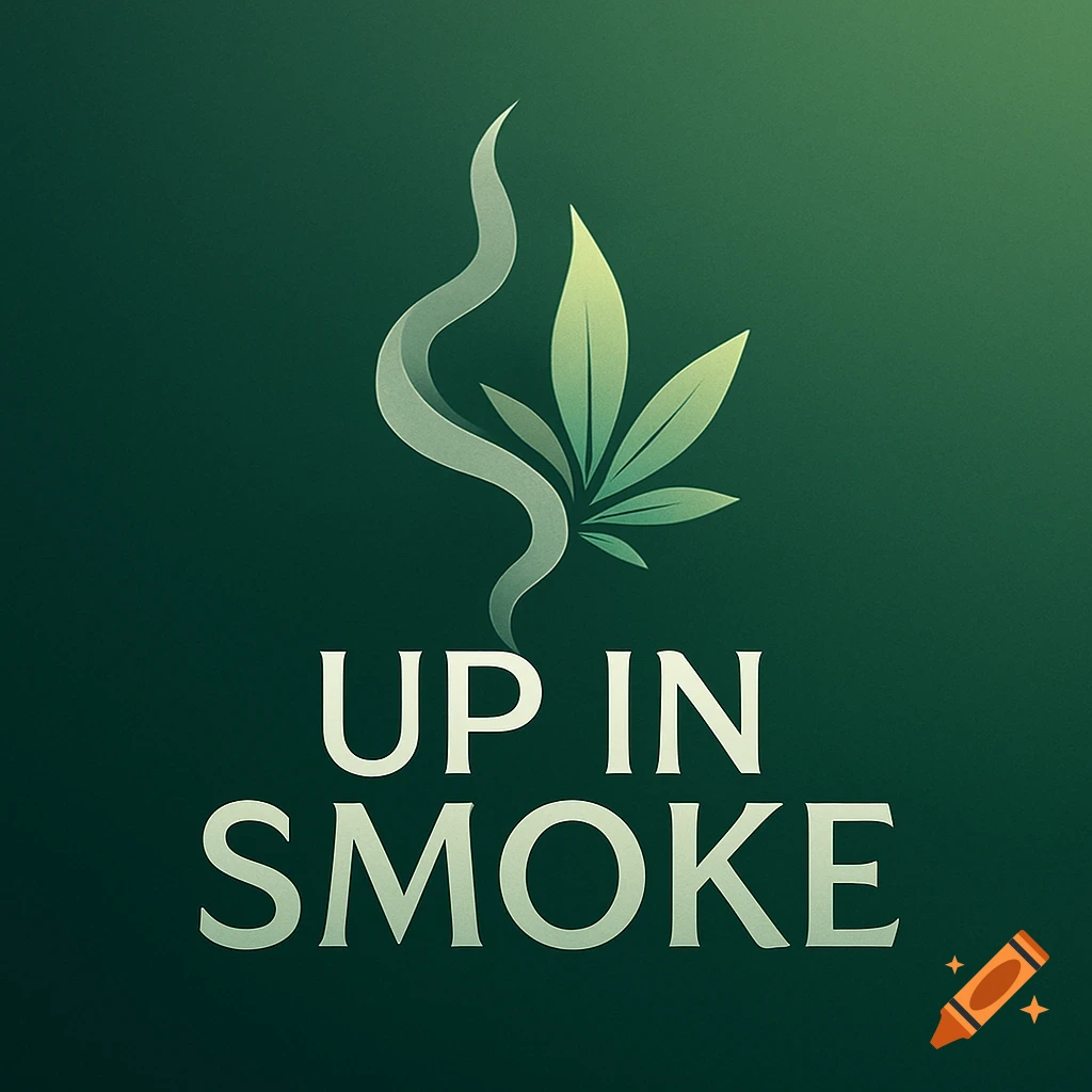 Stylized logo featuring a cannabis leaf with smoke rising above the text 'UP IN SMOKE' on a dark green background.